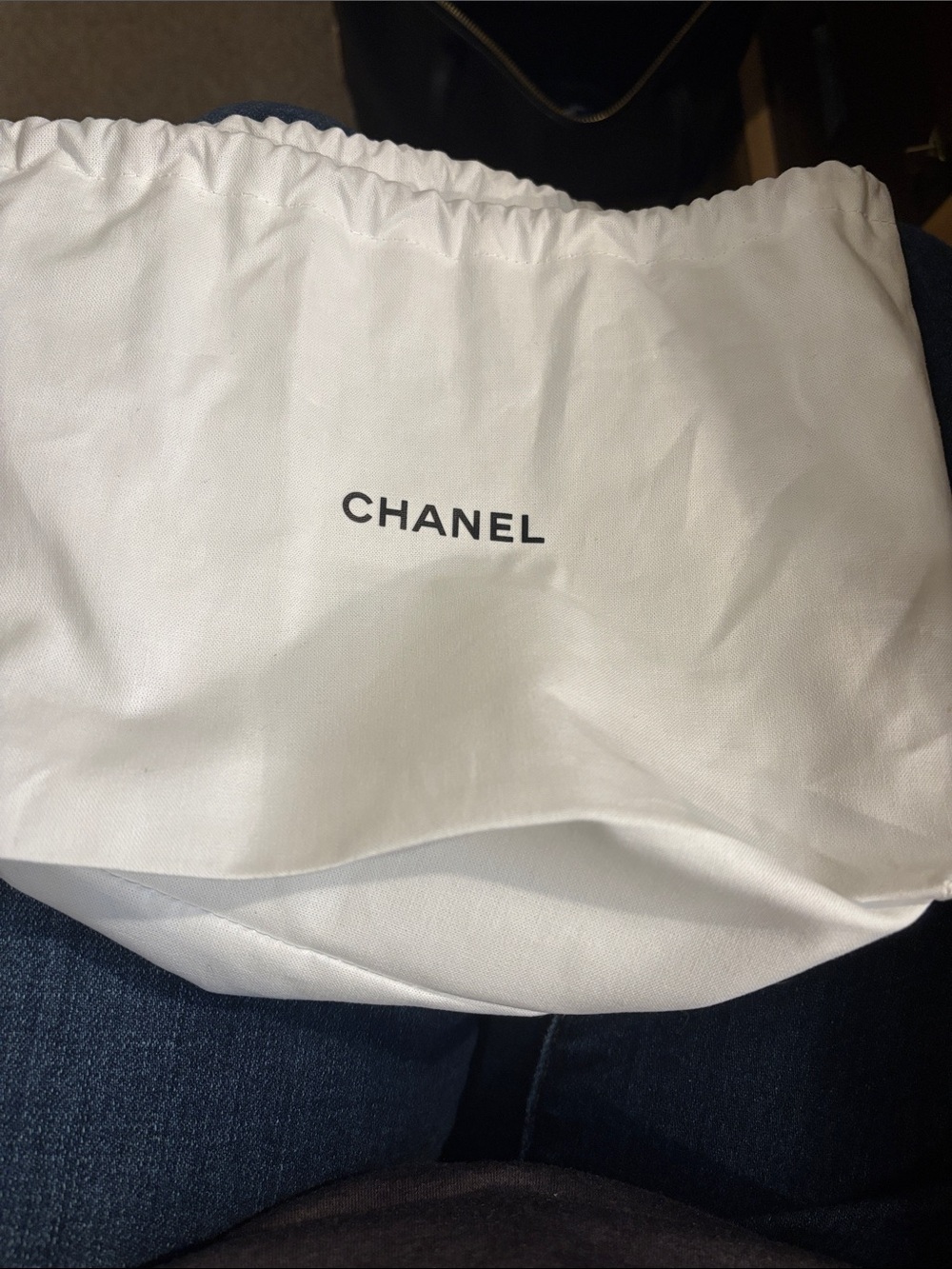 CHANEL White and Black Logo Drawstring Dust Bag